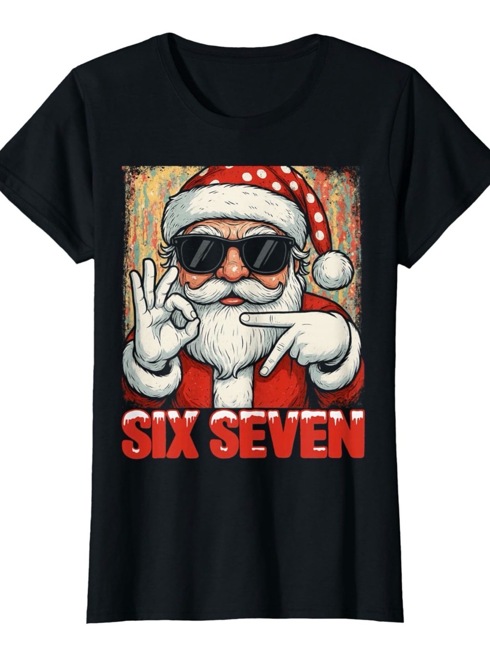Amazon Black Short Sleeve Tee with Red & White 67 Santa Graphic